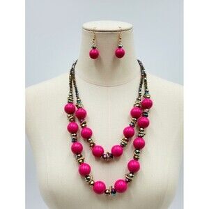 Hot Pink Faux Turquoise Magnesite Multi Strand Bead Necklace Matching Earrings